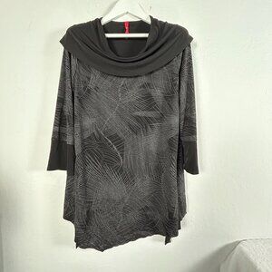 IC Collection Womens Cowl Neck Tunic Top Large Black Abstract 3/4 Sleeve Stretch